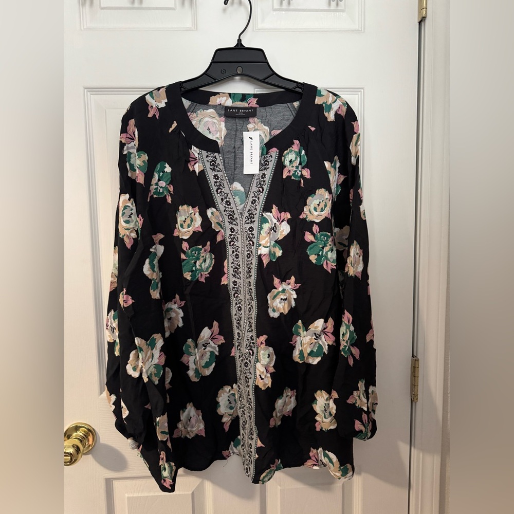 Lane Bryant Navy Floral Blouse with Green and Pink Accents